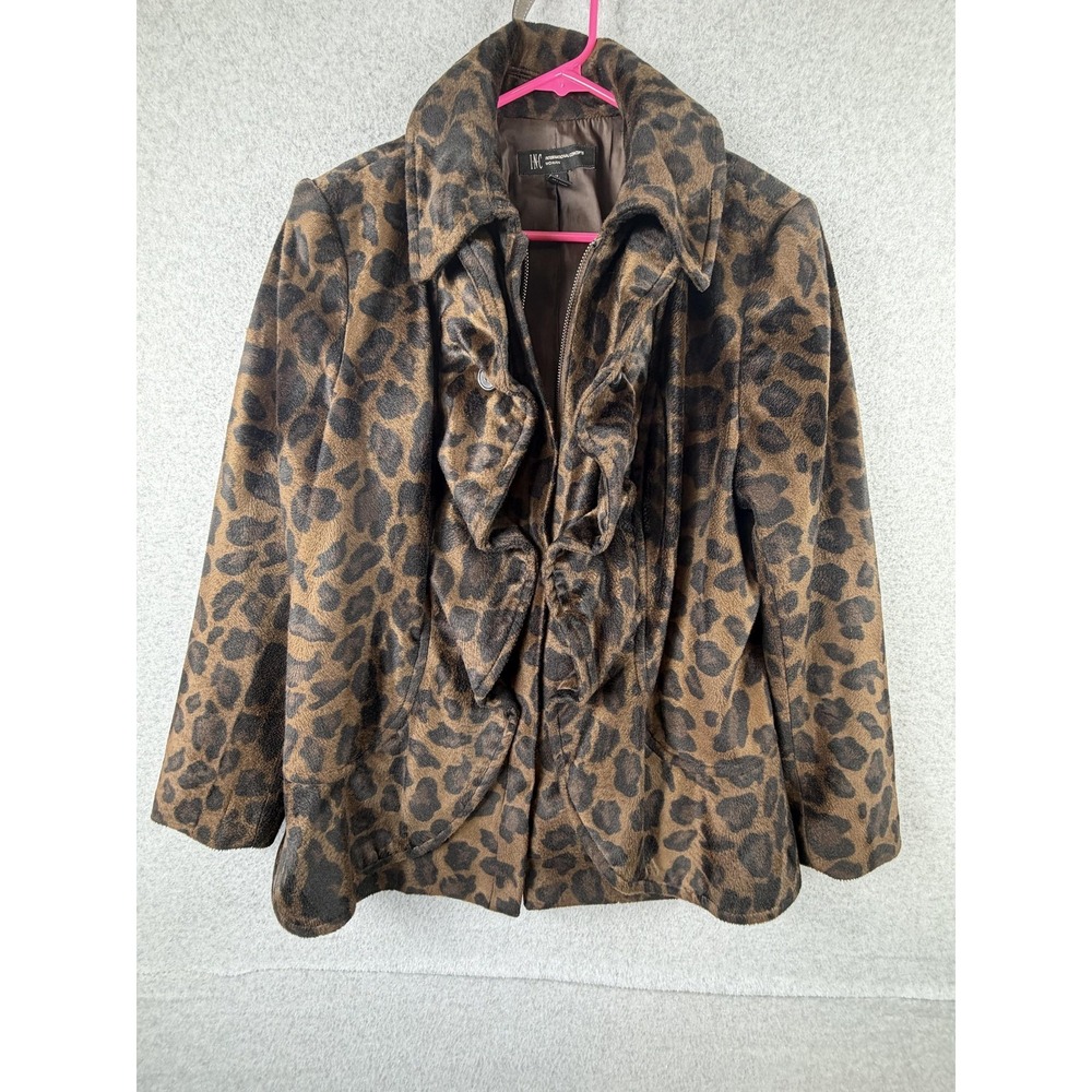 INC Jacket Womens 1X Plus Brown Leopard Faux Fur Ruffle Front Lined Animal Print
